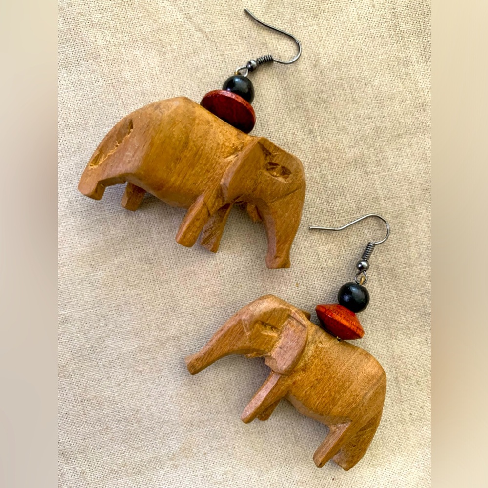 Hand Carved Elephants Wood Earrings Vintage